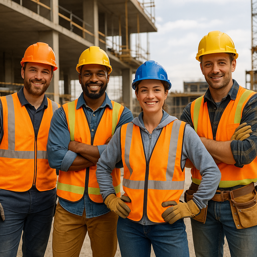 Diverse group of skilled tradespeople working together